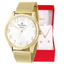 Relógio Feminino Champion Analógico Dourado Pulseira Mesh CN26019B Colar e Brincos