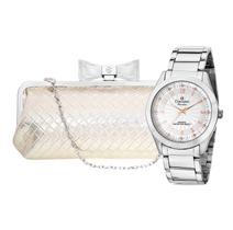 Relógio Feminino Champion Analógico Prata e Rosé CN29410A Bolsa Clutch