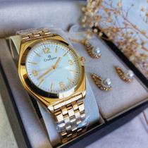 Relógio feminino Champion CH22313W dourado brinco colar