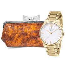 Relógio Feminino Champion CN24020G Dourado + Bolsa Laranja