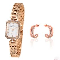 Relógio Feminino Champion Cobre Pequeno Retangular Luxo CF25894Z + Brincos