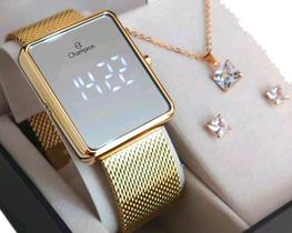 Relogio Feminino Champion Digital Dourado Espelhado Led Branco