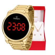 Relógio Feminino Champion Digital Dourado Led Vermelho CH40124H + Colar e Brincos