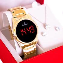 Relógio Feminino Champion Digital Dourado Led Vermelho CH40124H Colar e Brincos