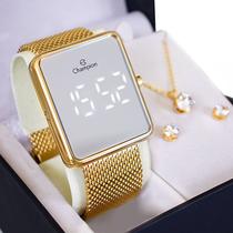 Relógio Feminino Champion Digital Espelhado Dourado CH40080B - Colar e Brincos