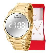 Relógio Feminino Champion Digital Espelhado Dourado CH40124B Colar e Brincos