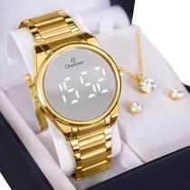Relógio Feminino Champion Digital Espelhado Dourado CH40124B Kit Colar e Brincos
