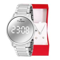 Relógio Feminino Champion Digital Espelhado Prata CH40142S Kit Colar e Brincos