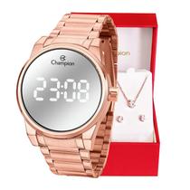 Relógio Feminino Champion Digital Espelhado Rosê CH40124M Colar e Brincos