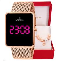 Relógio Feminino Champion Digital Quadrado Rosé CH40083H Led Rosa + Pulseira Berloques