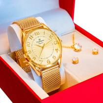 Relógio Feminino Champion Dourado Analógico CN24459G Colar e Brincos