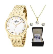 Relógio Feminino Champion Dourado Com Colar Brinco Cn26813E