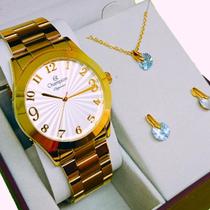 Relogio Feminino Champion Dourado Fundo Espiral Aprova Dágua 50m + Kit Semi Joia + Nf CN26564W