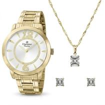 Relógio Feminino Champion Dourado Kit CH24259D