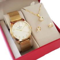 Relógio Feminino Champion Dourado Original com Colar E Brincos