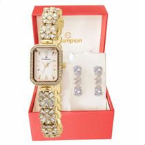 Relógio Feminino Champion Dourado Pequeno Luxo CF24715H + Brincos