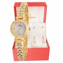 Relógio Feminino Champion Dourado Pequeno Luxo CF25072H + Brincos