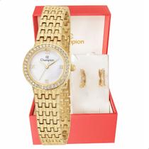 Relógio Feminino Champion Dourado Pequeno Luxo CF25312H + Brincos