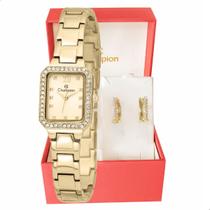 Relógio Feminino Champion Dourado Pequeno Luxo CF25465G + Brincos Relógio Feminino Champion Dourado Pequeno Luxo CF25465G + Brincos