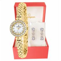 Relógio Feminino Champion Dourado Pequeno Luxo CF25536H + Brincos Relógio Feminino Champion Dourado Pequeno Luxo CF25536H + Brincos