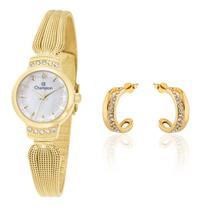 Relógio Feminino Champion Dourado Pequeno Luxo CF26053H + Brincos