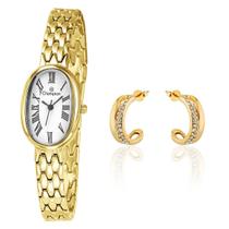 Relógio Feminino Champion Dourado Pequeno Oval Luxo CF25812H + Brincos