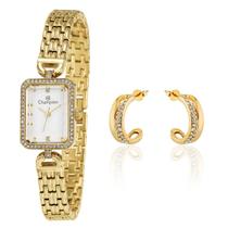 Relógio Feminino Champion Dourado Pequeno Retangular Luxo CF25894H + Brincos