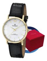 Relógio Feminino Champion Dourado Pulseira Couro Preta Analógico Luxo Social Elegante Original Resistente à Água 5 ATM
