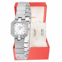 Relógio Feminino Champion Prata Pequeno Luxo CF25769Q + Brincos