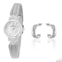 Relógio Feminino Champion Prata Pequeno Luxo CF26053Q + Brincos