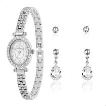 Relógio Feminino Champion Prata Pequeno Luxo CF26375Q + Brincos