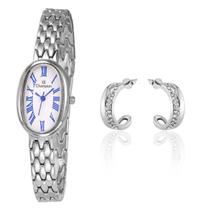 Relógio Feminino Champion Prata Pequeno Oval Luxo CF25812F + Brincos