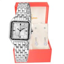 Relógio Feminino Champion Prata Pequeno Quadrado Luxo CF25821Q + Brincos