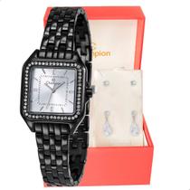 Relógio Feminino Champion Preto Pequeno Quadrado Luxo CF25821M + Brincos