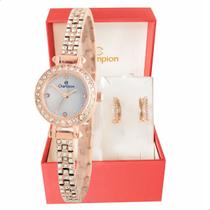 Relógio Feminino Champion Rosé Pequeno Luxo CF25072Z + Brincos