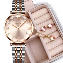 Relógio Feminino CIVO Original de Pulso Dourado com Pulseira Dourada e Prateada, à Prova d'Água, com Semi Joia Colar e Brincos Folheados em Ouro 18K Relógio Feminino CIVO Original de Pulso Dourado com Pulseira Dourada e Prateada, à Prova d'Água, com Semi Joia Colar e Brincos Folheados em Ouro 18K