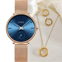 Relógio Feminino CIVO Original de Pulso Dourado com Pulseira em Malha Dourada, à Prova d'Água, com Semi Joia Colar e Brincos Folheados em Ouro 18K Relógio Feminino CIVO Original de Pulso Dourado com Pulseira em Malha Dourada, à Prova d'Água, com Semi Joia Colar e Brincos Folheados em Ouro 18K