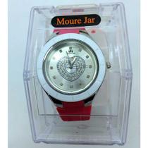 Relógio Feminino com pulseira de borracha vermelha com coração e ponteiros com brilhantes