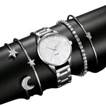 Relógio feminino com pulseiras em aço inoxidável
