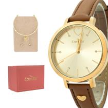 Relógio Feminino Condor Dourado Coração Casual Couro Original Prova D'água Garantia 1 ano + Kit Bracelete e Brinco