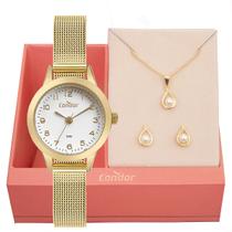 Relógio Feminino Condor Pequeno Dourado CO2035MZS/K4K Colar e Brincos