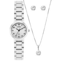 Relogio Feminino Condor Prateado Colar Brincos 25mm