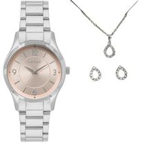 Relogio Feminino Condor Prateado + Colar e Brincos Cor:Prateado