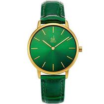 Relógio feminino criativo de couro genuíno elegante da Shengke Simplicity, Verde