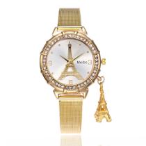 Relógio Feminino De Luxo Com Cristais e Pingente Torre Eiffel - Meibo
