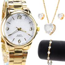 Relógio Feminino de Pulso Aço Inox Quartz Dourado + kit Folheado Ouro