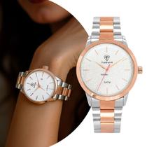 Relógio Feminino de Pulso Bicolor Analógico Movimento Quartzo Pulseira e Caixa de Aço Inoxidável Prata e Rose Luxo Elegante Fashion Tuguir Original