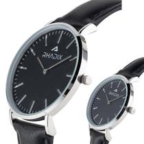 Relógio Feminino de Pulso Black Pulseira Couro Preto Rhadix Fundo Preto Moderno Clássico Minimalista Combina com Tudo