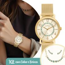 Relógio Feminino de Pulso Dourado com Strass Luxo Elegante Fashion com Pulseira de Aço Inoxidável Kit com Colar e Brinco Condor