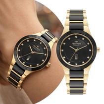 Relógio Feminino de Pulso Preto e Dourado Analógico com Pulseira e Caixa de Ceramica Vidro Safira Movimento Quartzo Luxo Elegante Fashion Technos